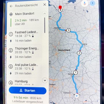 EV-Routenplaner von Google Maps im Volvo C40 Recharge.
