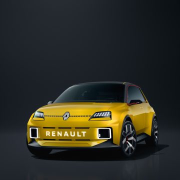 Renault 5 Concept in gelb von schräg vorne.